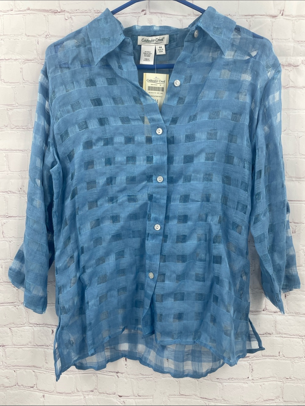 Coldwater Creek Light Blue Sheer Check Button-Front Shirt PM 91% Linen Plaid